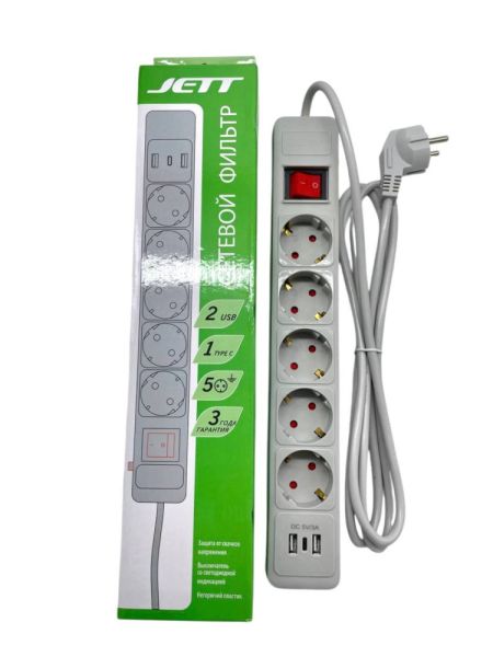 Сетевой фильтр JETT 5 розеток с 2-мя USB 1.9 м (25) 16А.
